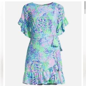 Lilly Pulitzer Darlah Print Ruffle Faux Wrap Dress in Shell of a Party size two